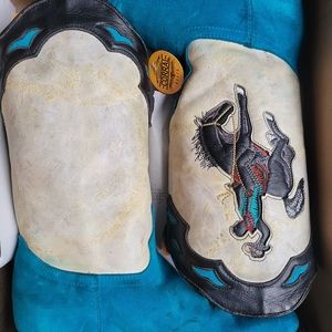 Handcrafted Corral Boots. Turquoise and white with cowboy riding horse.